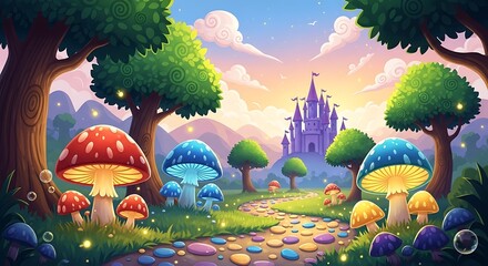 A whimsical forest with a castle in the background surrounded by trees and mushrooms.