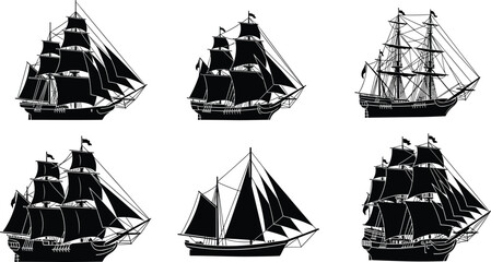 Sailing ship silhouette illustration set, historical vessel artwork, nautical vector design, maritime graphic concept, galleon schooner frigate motif © Fenshi