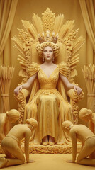 Queen sitting on throne made of pasta while subjects bow in worship. Surreal culinary art concept featuring monochromatic yellow textures and wheat stalks.