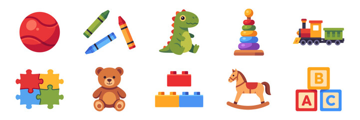 Set of children’s toy icons, educational games for toddlers and preschool kids, colorful collection with vector flat illustrations