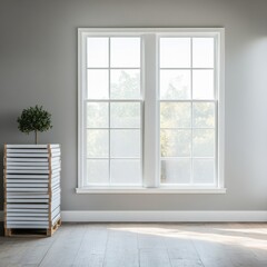 Fototapeta premium Minimalist interior with a tall, double-hung window overlooking trees, a stacked pallet of materials and a small potted plant. Interior, Nature View, Neutral Tones, Home Decor