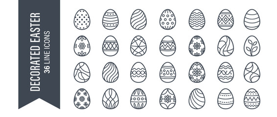 Vector Set of 36 Decorated Easter Egg Line Icons Featuring Diverse Patterns like Flowers, Dots, Stripes, and Geometric Shapes for Spring Holiday Greeting Cards, Invitations, and Web Design.