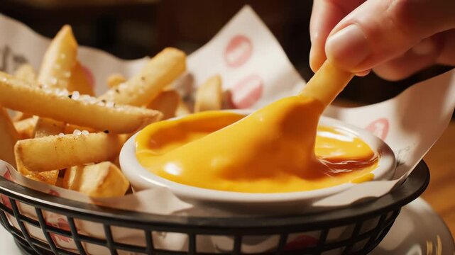 Close up of golden french fries being dipped in creamy yellow sauce