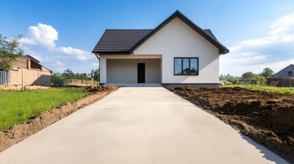 Fototapeta premium New construction home with concrete driveway, front view, under bright blue sky, representing home building and real estate.Construction, RealEstate