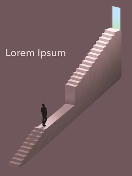 Missing steps make a formidible obstacle for a man wanting to exit a dark basement in a 3-d illustration about dealing with set backs.