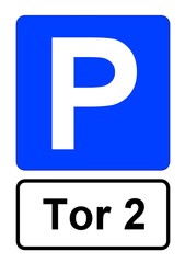 lllustration eines blauen Parkplatzschildes mit der Aufschrift "Tor 2"	