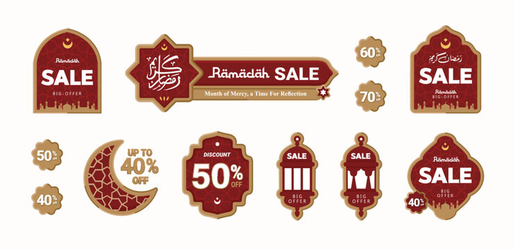 Ramadan Tag Collection, Big sale discount with Islamic nuance, Ramadan themed bottom of screen with maroon color for streaming channels and name tags