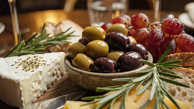 Gourmet cheese and appetizer platter with olives grapes and bread
