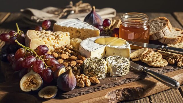 Gourmet cheese and fruit platter with assorted snacks on rustic wooden surface