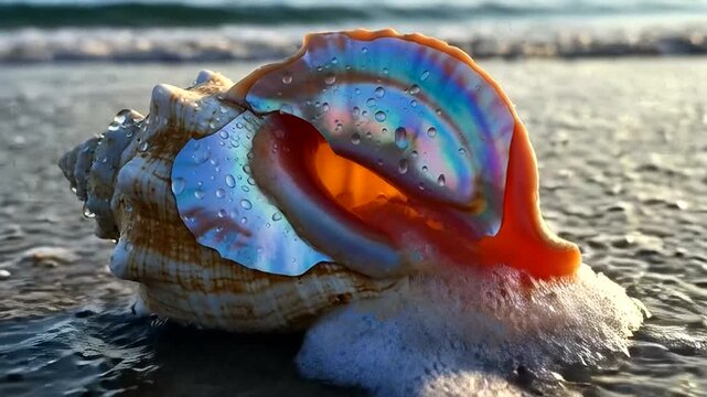Seashell on the beach with ocean waves at sunset, close-up view.