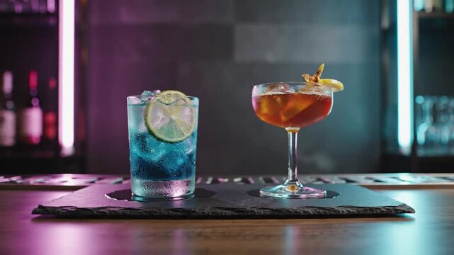 Two colorful cocktails stand on a dark bar counter with neon lighting. A blue drink with lime and an amber cocktail are ready for serving in a club.