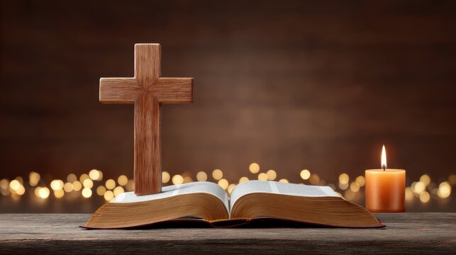 Wooden cross on open bible with candle light softly glowing in the background, creating a peaceful spiritual atmosphere ideal for religious meditation