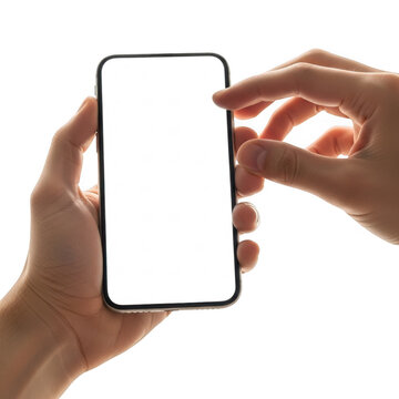 A hand holding a smartphone with a blank white screen