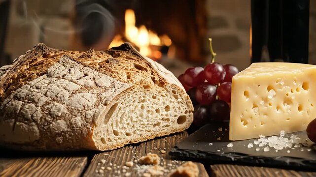 Rustic bread cheese and grapes still life with warm lighting