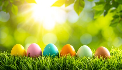 Fototapeta premium Colorful Easter eggs lined up on vibrant green grass, illuminated by a bright sun and foliage