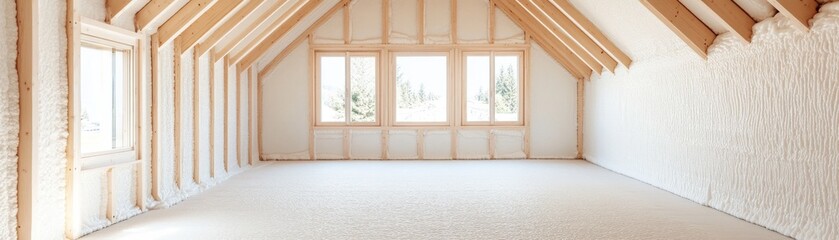 Fototapeta premium Spray foam insulated attic room with wooden beams, large windows showing pine trees, under construction. Construction, Insulation