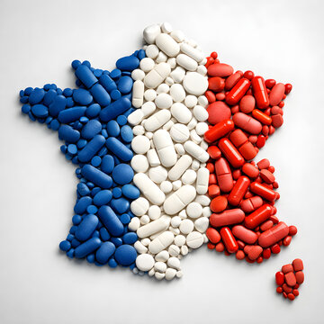 Pharmaceutical and Healthcare System Concept in France, Medication Pills Shaping French Map for Editorial and Commercial Use