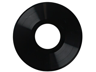 A close-up of a black vinyl record on a white background