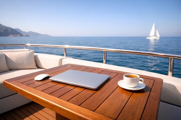 Fototapeta premium Minimalist laptop setup on yacht deck, luxury freedom lifestyle
