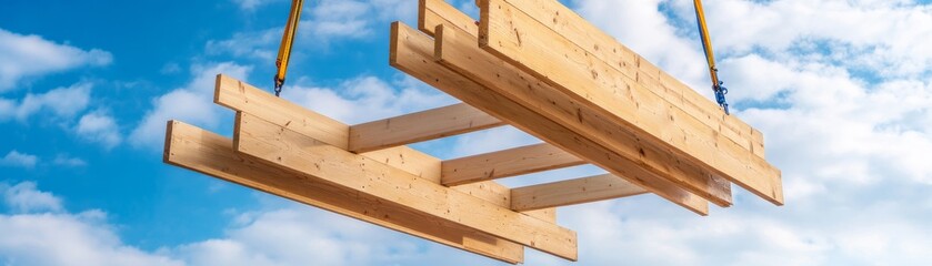 Timber beams lifted by crane against blue sky, construction concept. Construction, Wood, Building, Crane, Sky
