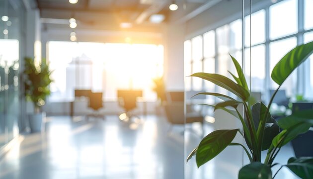A modern office space bathed in warm sunlight, featuring a green plant and sleek furniture in background