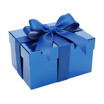 A blue gift box with a ribbon tied around it