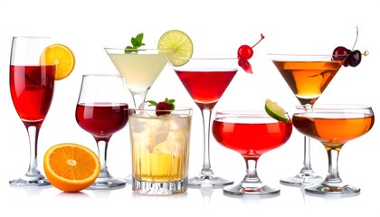 A vibrant arrangement of assorted cocktails featuring garnishes, fruit, and colorful drinks