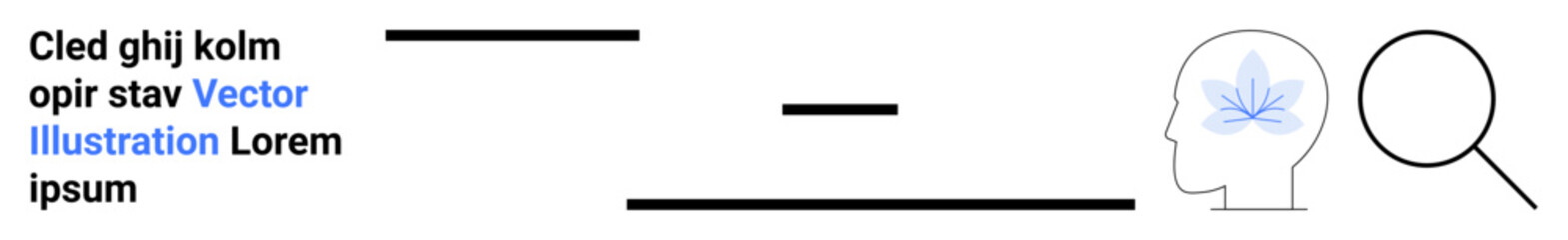 Mental health, personal growth, mindfulness, cognitive function, scientific research, neuroscience. Head profile with leaf, magnifying glass and text. Mental health and mindfulness concepts