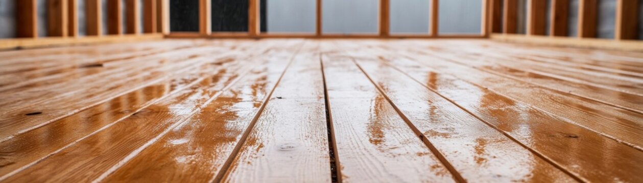 Wooden Deck After Rain Reflective Planks, Low Angle, Wet Wood Texture, Outdoor Structure, Wood Grain, Nature, Weather. Wood