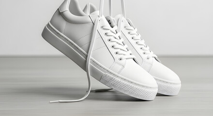 A pair of sleek, modern white leather sneakers suspended by their laces, showcasing minimalist style and clean design.