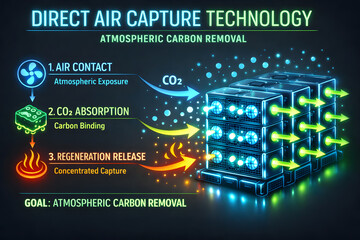 Neon-Illuminated Carbon Capture and Storage Process Infographic for Environmental Science