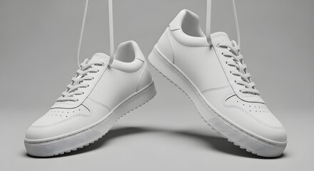 A minimalist composition of two white canvas sneakers, elegantly hanging by their white laces on a neutral gradient background.