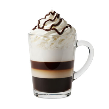 A layered coffee drink with whipped cream and chocolate syrup