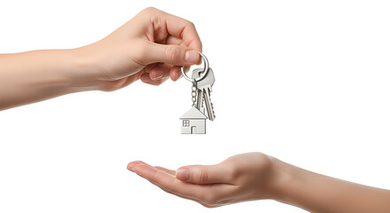 A hand presents a set of keys with a house charm to another open palm, signifying the moment of buying or renting a home.