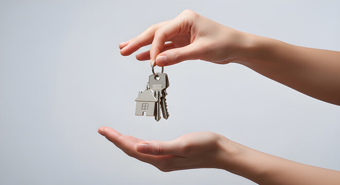 Close-up of hands exchanging house keys with a charm, symbolizing homeownership and real estate transactions on a gray background.