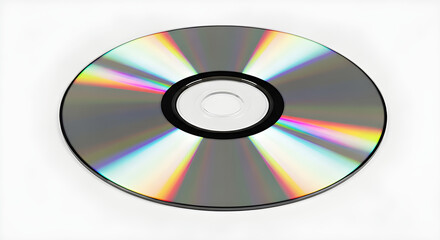 A shiny silver CD or DVD disc reflecting rainbow light spectrum, isolated on a clean white background for digital media concepts.