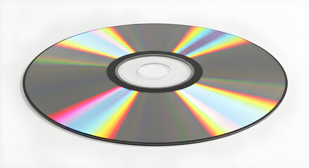 A single digital disc with a spectrum of light reflecting from its surface, isolated on white, perfect for technology and data themes.