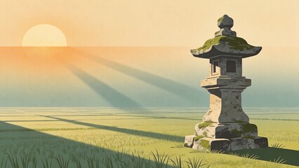 Fototapeta premium Simple stone shrine in rural field during sunrise with shadows 