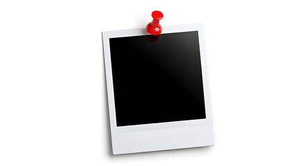 Empty polaroid picture frame, secured with a bright red pin, isolated on a clean white surface, perfect for adding photos