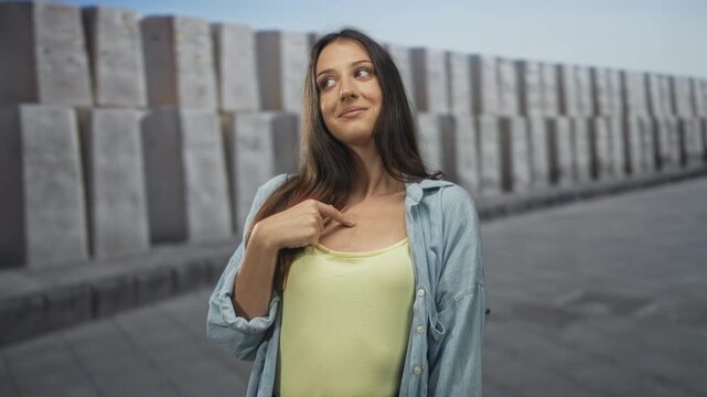 Hispanic young woman in yellow tank top and denim shirt points finger to chest on a city street by stacked concrete blocks, smiling slightly; confidence.