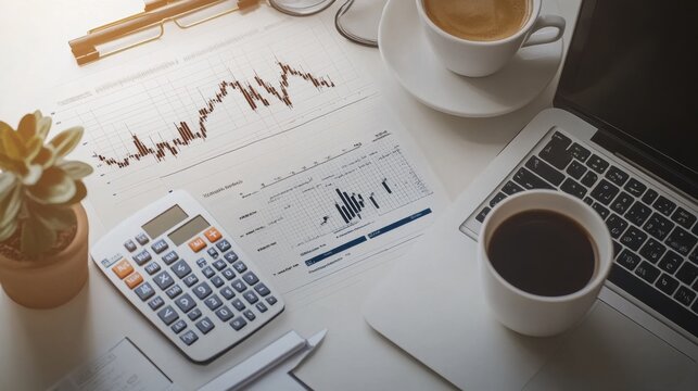 Minimalist financial flat lay with open laptop notebook calculator mobile phone coffee cup glasses and printed growth charts on white background