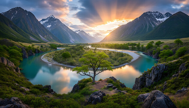 Serene turquoise river valley with vibrant green trees and majestic snow-capped mountains
