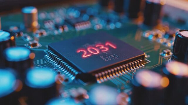 Close-up view of microchip on circuit board with illuminated numbers and surrounding components