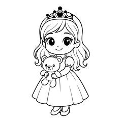 Fototapeta premium Charming vector illustration of a cute little princess girl smiling while holding a plush teddy bear, perfect for children's books, apps, and cheerful designs.