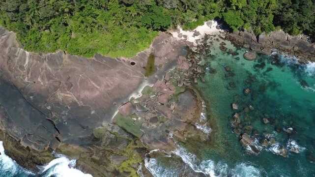 Drone Aerial View of Praia das Conchas in Ubatuba Brazil &ndash; Rocky Tropical Coastline