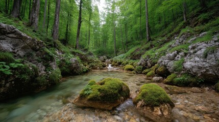 Obraz premium Tranquil Stream Flowing Through Lush Green Forest with Mossy Rocks and Crystal Clear Water Reflecting Trees in a Serene Natural Setting