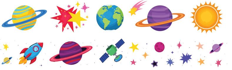 Space elements collection cartoon vector illustration with planets rocket satellite sun earth stars galaxy set © Mukta  Creative