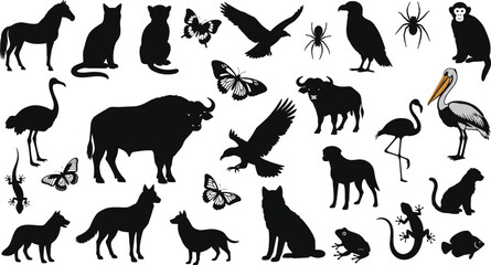 Fototapeta premium Comprehensive collection of black animal silhouettes featuring horse, dog, wolf, eagle, butterfly, spider, and lizard, isolated on a white background for vector graphic design.