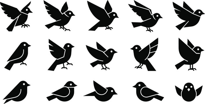 Collection of stylized geometric black bird silhouettes in various flying and standing poses, isolated on a white background for modern vector graphic design.