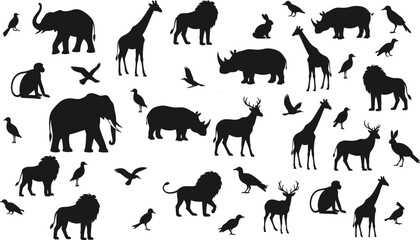 Comprehensive collection of black wildlife silhouettes including elephant, lion, giraffe, rhino, deer, monkey, and birds, isolated on white background for vector graphic design. © IconicCreations
